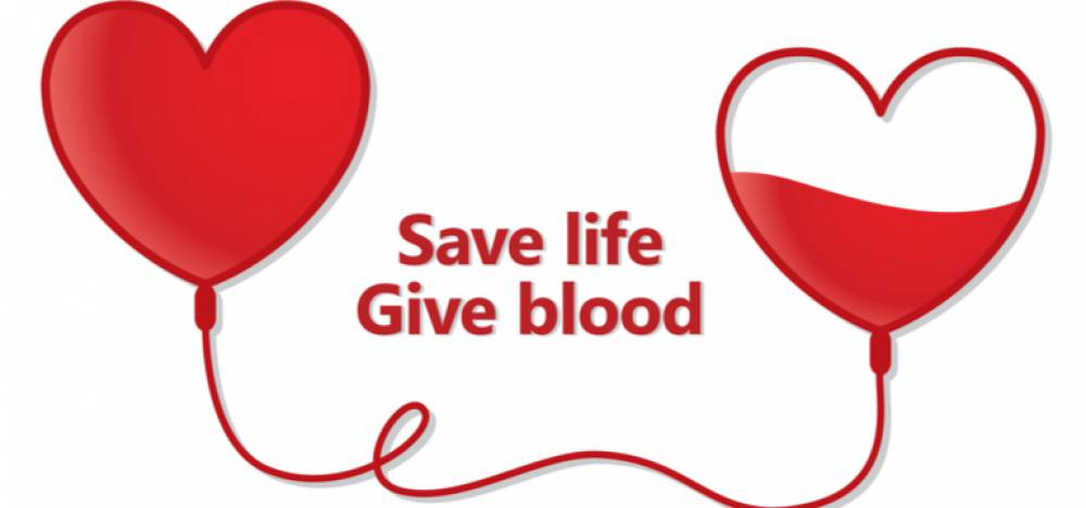 Save life, give blood — heart-shaped blood bags connected by a tube